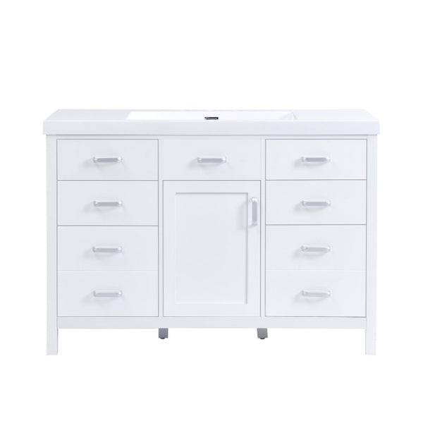 English Elm Video 47 Inch Freestanding Bathroom Vanity with Resin Sink Six Soft Close Drawers White MDF N759S459613K