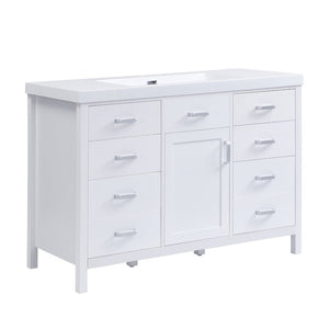 English Elm Video 47 Inch Freestanding Bathroom Vanity with Resin Sink Six Soft Close Drawers White MDF N759S459613K