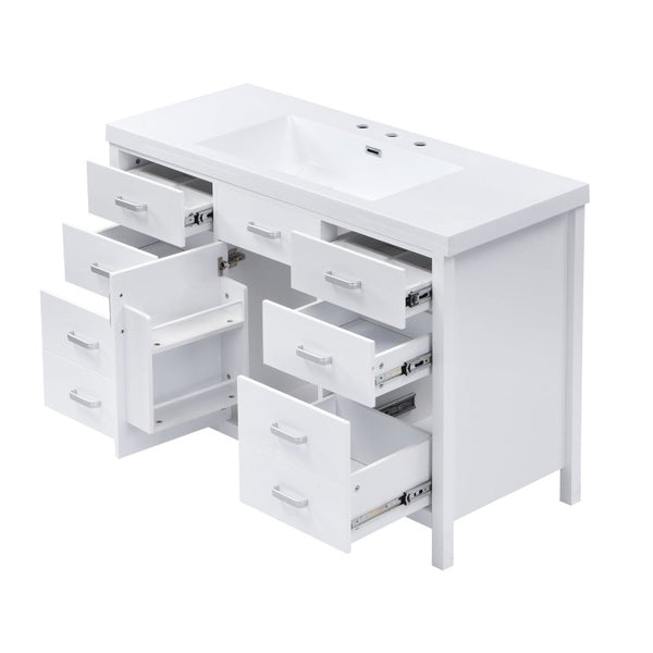 English Elm Video 47 Inch Freestanding Bathroom Vanity with Resin Sink Six Soft Close Drawers White MDF N759S459613K
