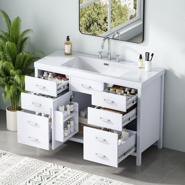 English Elm Video 47 Inch Freestanding Bathroom Vanity with Resin Sink Six Soft Close Drawers White MDF N759S459613K