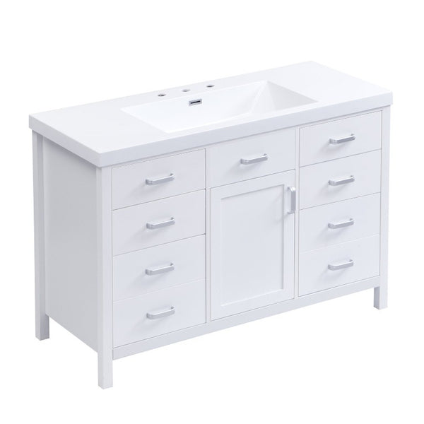 English Elm Video 47 Inch Freestanding Bathroom Vanity with Resin Sink Six Soft Close Drawers White MDF N759S459613K