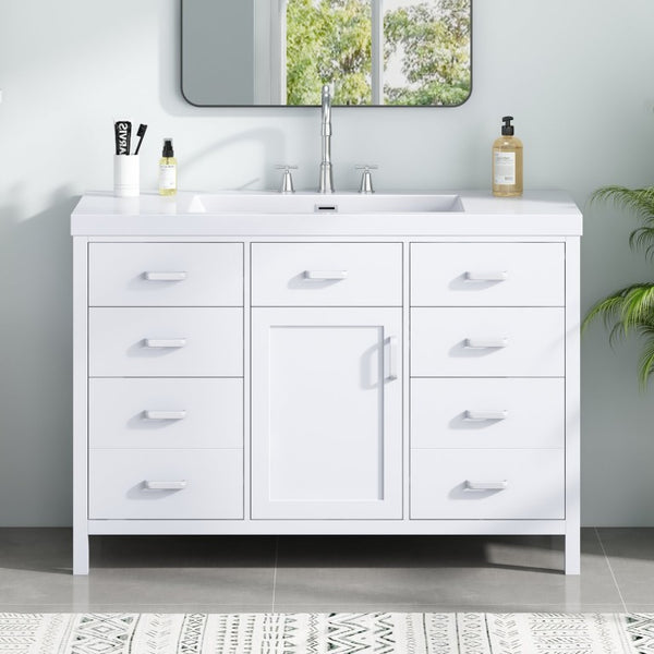 English Elm Video 47 Inch Freestanding Bathroom Vanity with Resin Sink Six Soft Close Drawers White MDF N759S459613K