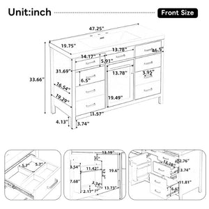 English Elm Video 47 Inch Freestanding Bathroom Vanity with Resin Sink Six Soft Close Drawers White MDF N759S459613K