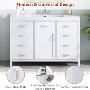 English Elm Video 47 Inch Freestanding Bathroom Vanity with Resin Sink Six Soft Close Drawers White MDF N759S459613K