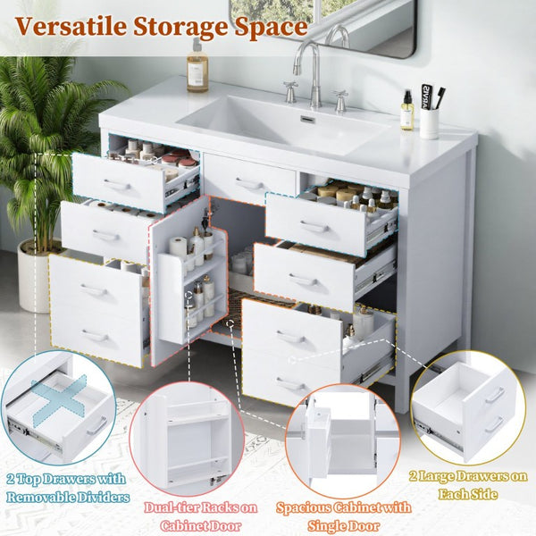 English Elm Video 47 Inch Freestanding Bathroom Vanity with Resin Sink Six Soft Close Drawers White MDF N759S459613K