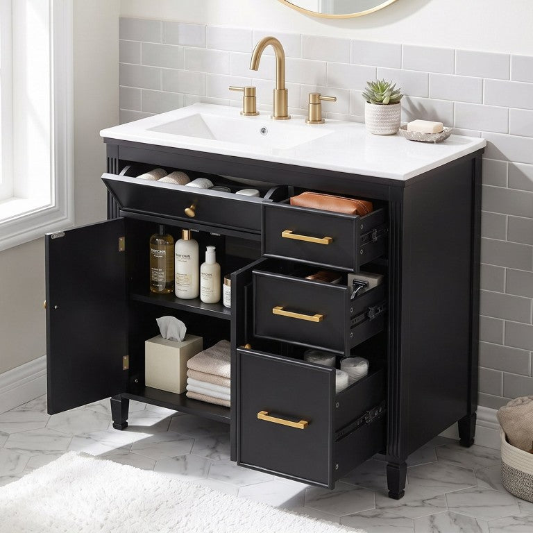 English Elm Video 36 Inch Freestanding Bathroom Vanity Ceramic Sink Acacia Legs Soft Close Storage Black N759S505812B