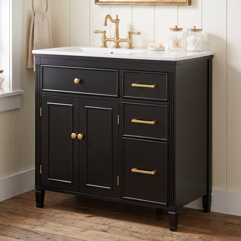 English Elm Video 36 Inch Freestanding Bathroom Vanity Ceramic Sink Acacia Legs Soft Close Storage Black N759S505812B