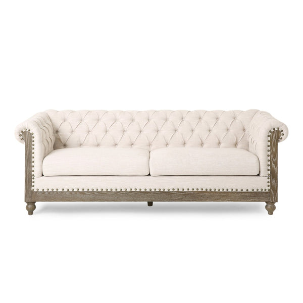 English Elm 3-seat Tufted Beige Sofa with Rivet Detail and Solid Wood Legs for Living Rooms N760P215168E