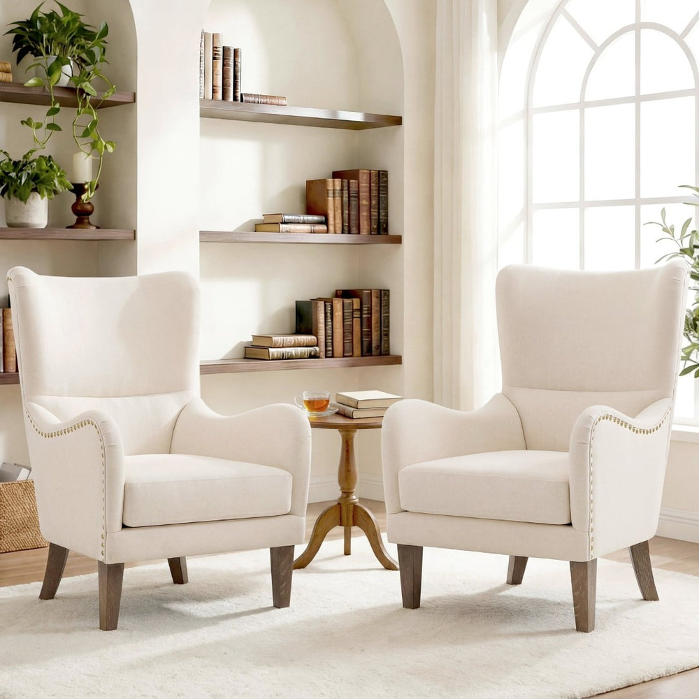 English Elm Modern Wingback Linen Accent Chair Pair with Ash Legs Nailhead Trim Tailored Design N760S0000033B