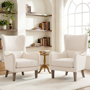 English Elm Modern Wingback Linen Accent Chair Pair with Ash Legs Nailhead Trim Tailored Design N760S0000033B