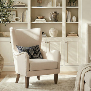 English Elm Modern Wingback Linen Accent Chair Pair with Ash Legs Nailhead Trim Tailored Design N760S0000033B