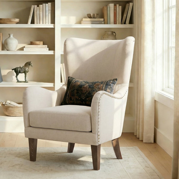 English Elm Modern Wingback Linen Accent Chair Pair with Ash Legs Nailhead Trim Tailored Design N760S0000033B