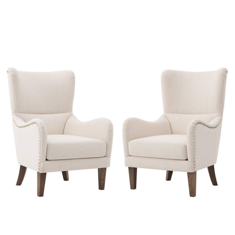 English Elm Modern Wingback Linen Accent Chair Pair with Ash Legs Nailhead Trim Tailored Design N760S0000033B