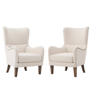 English Elm Modern Wingback Linen Accent Chair Pair with Ash Legs Nailhead Trim Tailored Design N760S0000033B