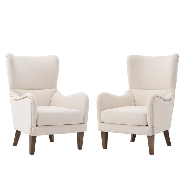 English Elm Modern Wingback Linen Accent Chair Pair with Ash Legs Nailhead Trim Tailored Design N760S0000033B