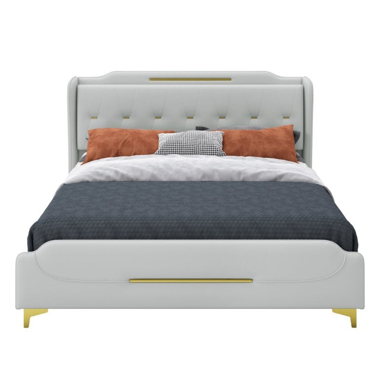 English Elm King Faux Leather Platform Bed Wingback Headboard with Gold Trim Glam Bedroom N761P198540E
