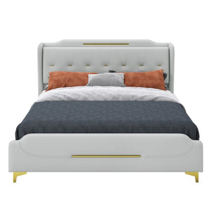English Elm King Faux Leather Platform Bed Wingback Headboard with Gold Trim Glam Bedroom N761P198540E