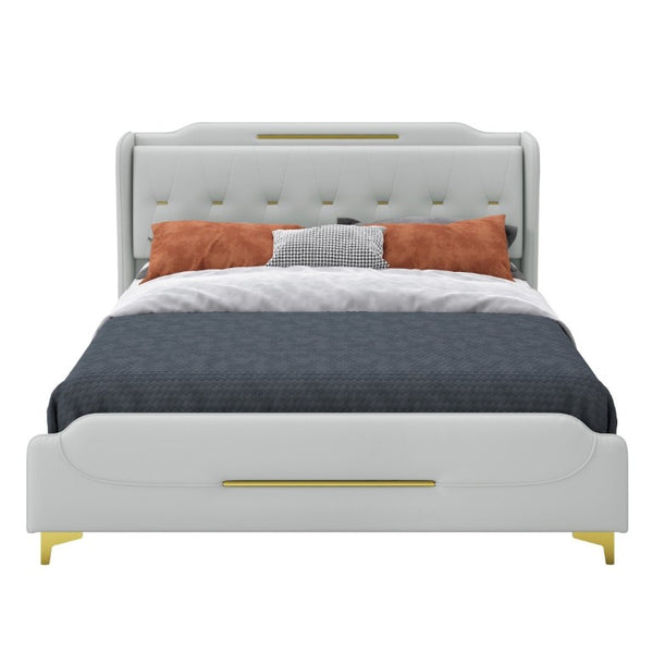 English Elm King Faux Leather Platform Bed Wingback Headboard with Gold Trim Glam Bedroom N761P198540E