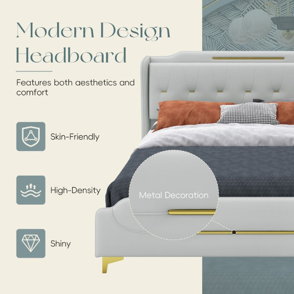 English Elm King Faux Leather Platform Bed Wingback Headboard with Gold Trim Glam Bedroom N761P198540E