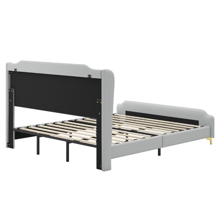 English Elm King Faux Leather Platform Bed Wingback Headboard with Gold Trim Glam Bedroom N761P198540E
