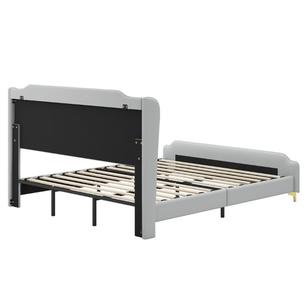 English Elm King Faux Leather Platform Bed Wingback Headboard with Gold Trim Glam Bedroom N761P198540E