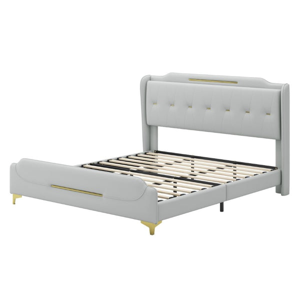 English Elm King Faux Leather Platform Bed Wingback Headboard with Gold Trim Glam Bedroom N761P198540E