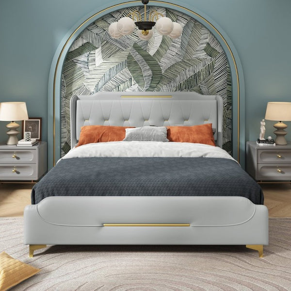 English Elm King Faux Leather Platform Bed Wingback Headboard with Gold Trim Glam Bedroom N761P198540E