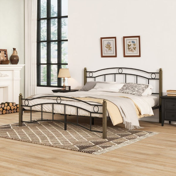 English Elm Queen Iron Platform Bed with Curved Headboard and Footboard for Glam Eclectic Bedrooms Black+Gold Wavy N761P322951B