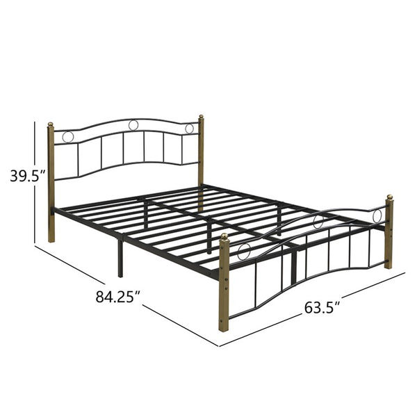 English Elm Queen Iron Platform Bed with Curved Headboard and Footboard for Glam Eclectic Bedrooms Black+Gold Wavy N761P322951B