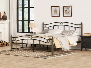 English Elm Queen Iron Platform Bed with Curved Headboard and Footboard for Glam Eclectic Bedrooms Black+Gold Wavy N761P322951B