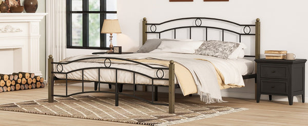 English Elm Queen Iron Platform Bed with Curved Headboard and Footboard for Glam Eclectic Bedrooms Black+Gold Wavy N761P322951B