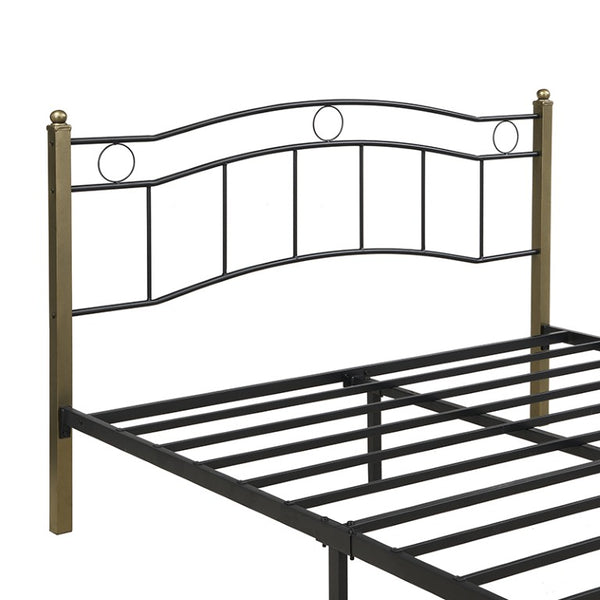 English Elm Queen Iron Platform Bed with Curved Headboard and Footboard for Glam Eclectic Bedrooms Black+Gold Wavy N761P322951B