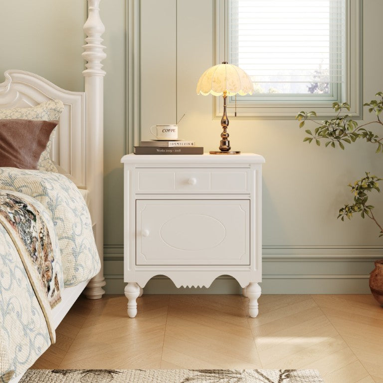 English Elm Vintage Ivory Nightstand with Carved Drawer Gourd Legs and Cabinet Bedroom Storage N761P324095W