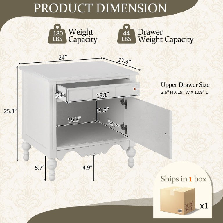 English Elm Vintage Ivory Nightstand with Carved Drawer Gourd Legs and Cabinet Bedroom Storage N761P324095W