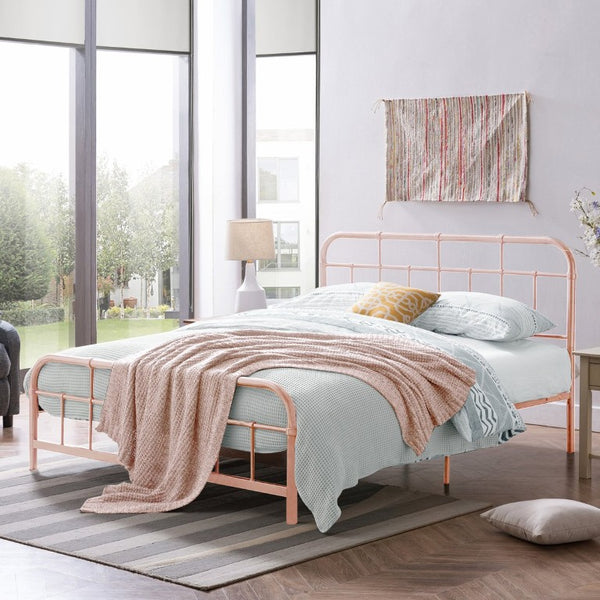 English Elm Queen Iron Platform Bed with Curved Headboard and Footboard for Glam Eclectic Bedrooms Pink Rounded Corner N761P334209H
