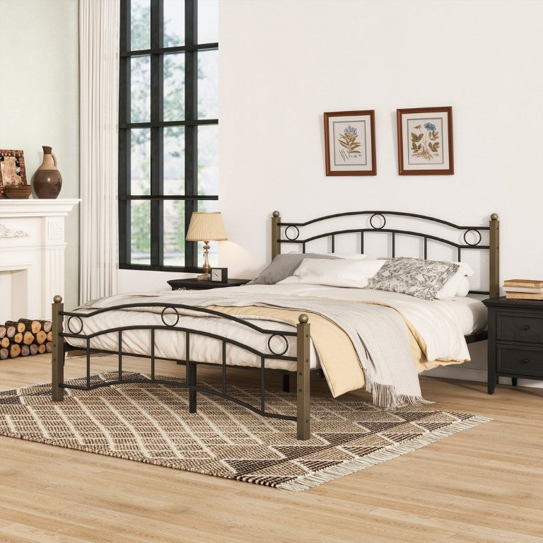 English Elm Full Iron Platform Bed Wavy Camelback Silhouette with Two Tone Glam Finial Posts N761P334216B