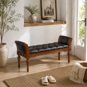 English Elm 54 Inch PU Leather Tufted Ottoman Bench Nailhead Trim Carved Legs Bedroom Entryway Brown N761P370378N