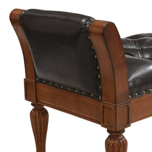 English Elm 54 Inch PU Leather Tufted Ottoman Bench Nailhead Trim Carved Legs Bedroom Entryway Brown N761P370378N