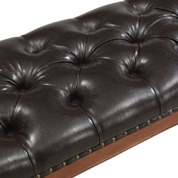 English Elm 54 Inch PU Leather Tufted Ottoman Bench Nailhead Trim Carved Legs Bedroom Entryway Brown N761P370378N