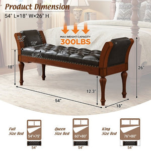 English Elm 54 Inch PU Leather Tufted Ottoman Bench Nailhead Trim Carved Legs Bedroom Entryway Brown N761P370378N
