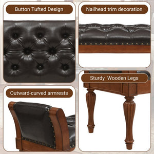 English Elm 54 Inch PU Leather Tufted Ottoman Bench Nailhead Trim Carved Legs Bedroom Entryway Brown N761P370378N
