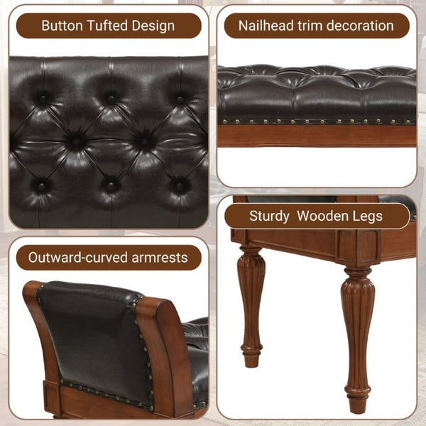 English Elm 54 Inch PU Leather Tufted Ottoman Bench Nailhead Trim Carved Legs Bedroom Entryway Brown N761P370378N
