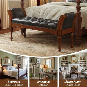 English Elm 54 Inch PU Leather Tufted Ottoman Bench Nailhead Trim Carved Legs Bedroom Entryway Brown N761P370378N