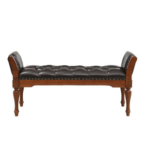 English Elm 54 Inch PU Leather Tufted Ottoman Bench Nailhead Trim Carved Legs Bedroom Entryway Brown N761P370378N