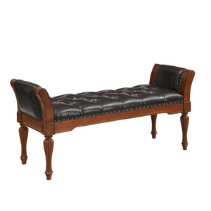 English Elm 54 Inch PU Leather Tufted Ottoman Bench Nailhead Trim Carved Legs Bedroom Entryway Brown N761P370378N
