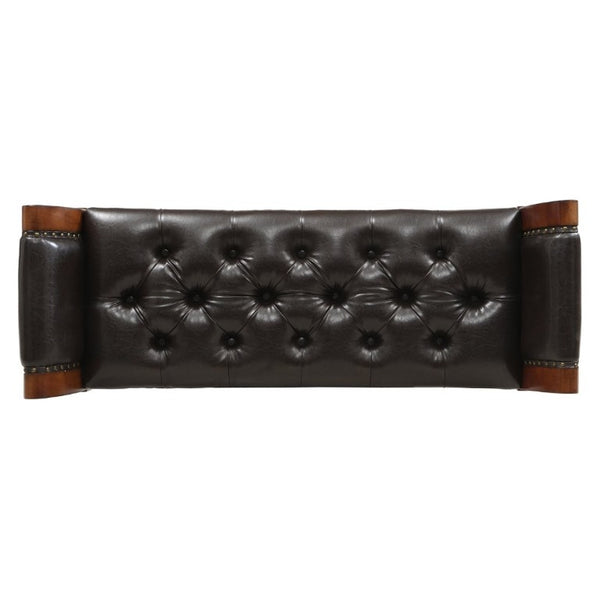 English Elm 54 Inch PU Leather Tufted Ottoman Bench Nailhead Trim Carved Legs Bedroom Entryway Brown N761P370378N