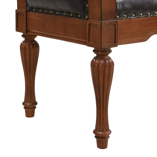 English Elm 54 Inch PU Leather Tufted Ottoman Bench Nailhead Trim Carved Legs Bedroom Entryway Brown N761P370378N