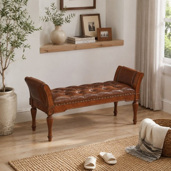 English Elm 54 Inch PU Leather Tufted Ottoman Bench Nailhead Trim Carved Legs Bedroom Entryway Reddish Brown N761P370378R