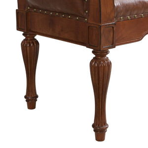 English Elm 54 Inch PU Leather Tufted Ottoman Bench Nailhead Trim Carved Legs Bedroom Entryway Reddish Brown N761P370378R