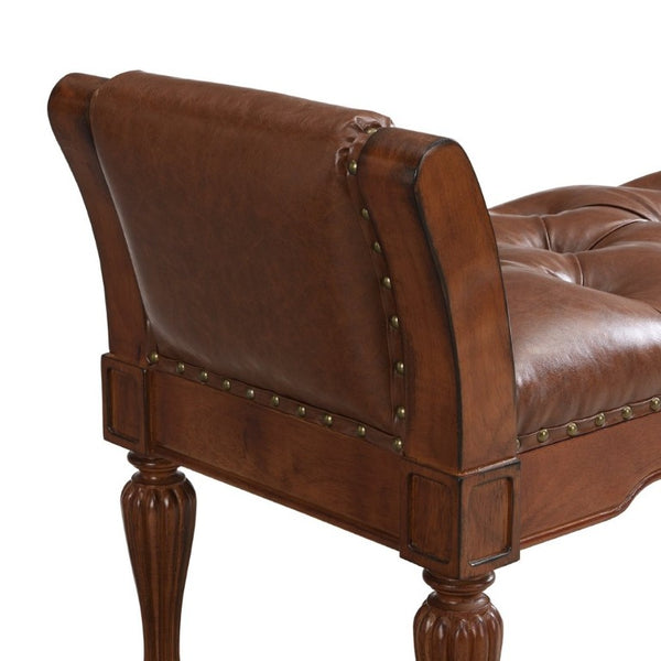 English Elm 54 Inch PU Leather Tufted Ottoman Bench Nailhead Trim Carved Legs Bedroom Entryway Reddish Brown N761P370378R